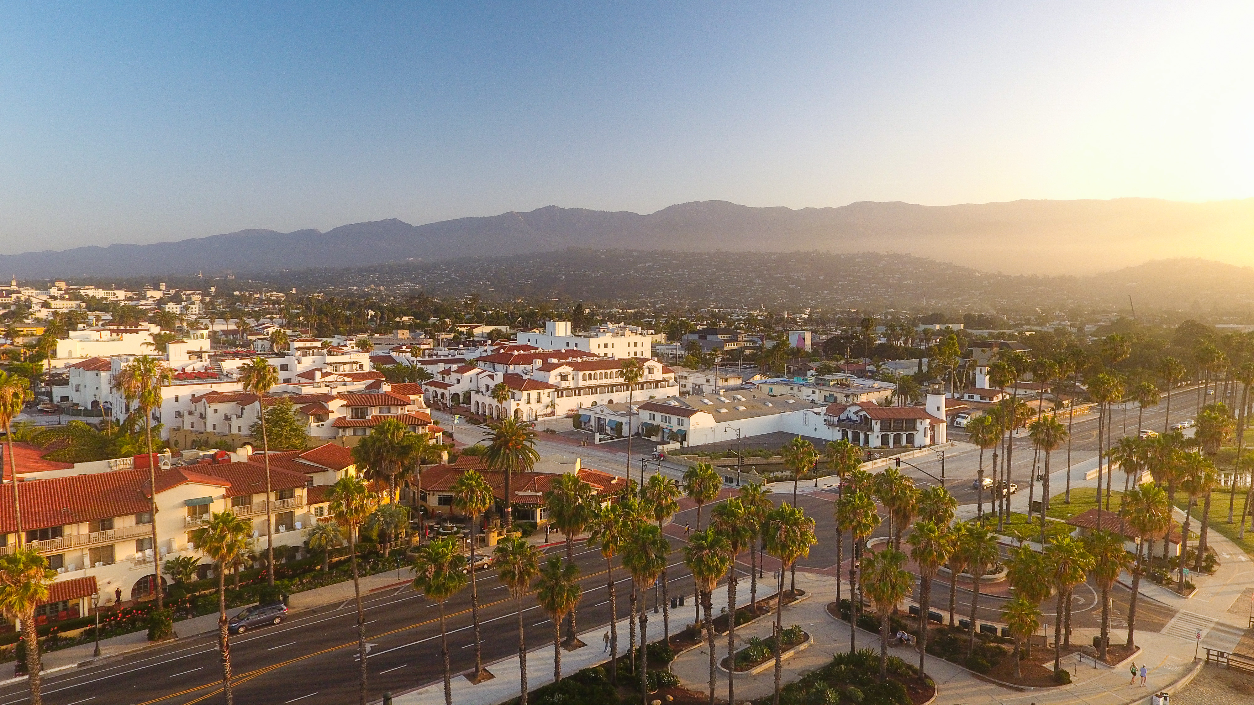 Santa Barbara City Palm Trees and Mountains Aerial Shot
