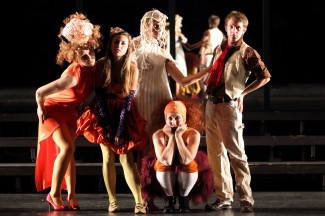 Westmont students Paige Tautz, Lauren White, Shawnee Witt and Chris Wagstaffe join Lit Moon actor Victoria Finlayson (sitting) in Part 1 of Lit Moon’s new production of “Peer Gynt.'