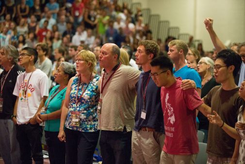 Students and their families worship during Welcome Chapel